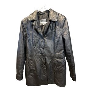 Vintage 90s Fashion Elements Black Leather Jacket – Longline Button Front Coat